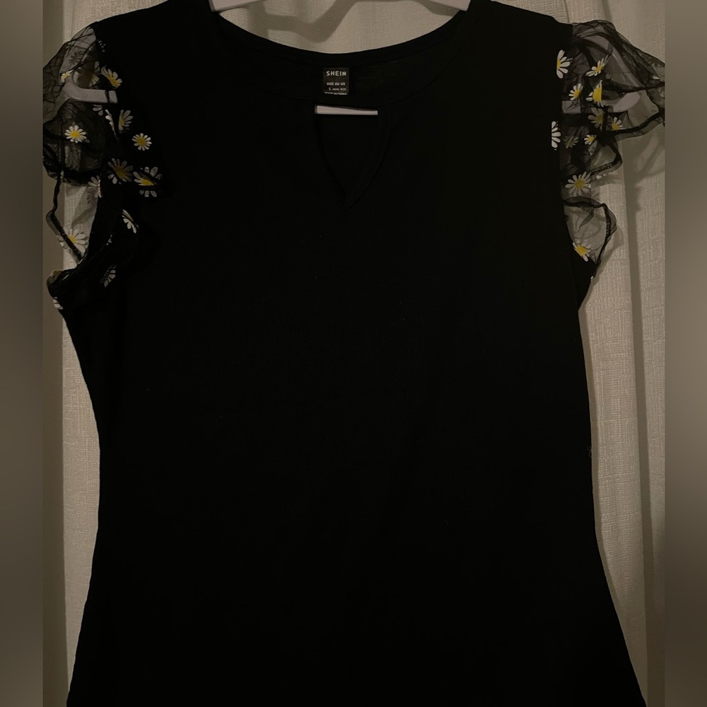 SHEIN Black Blouse with Floral Accent Sleeves